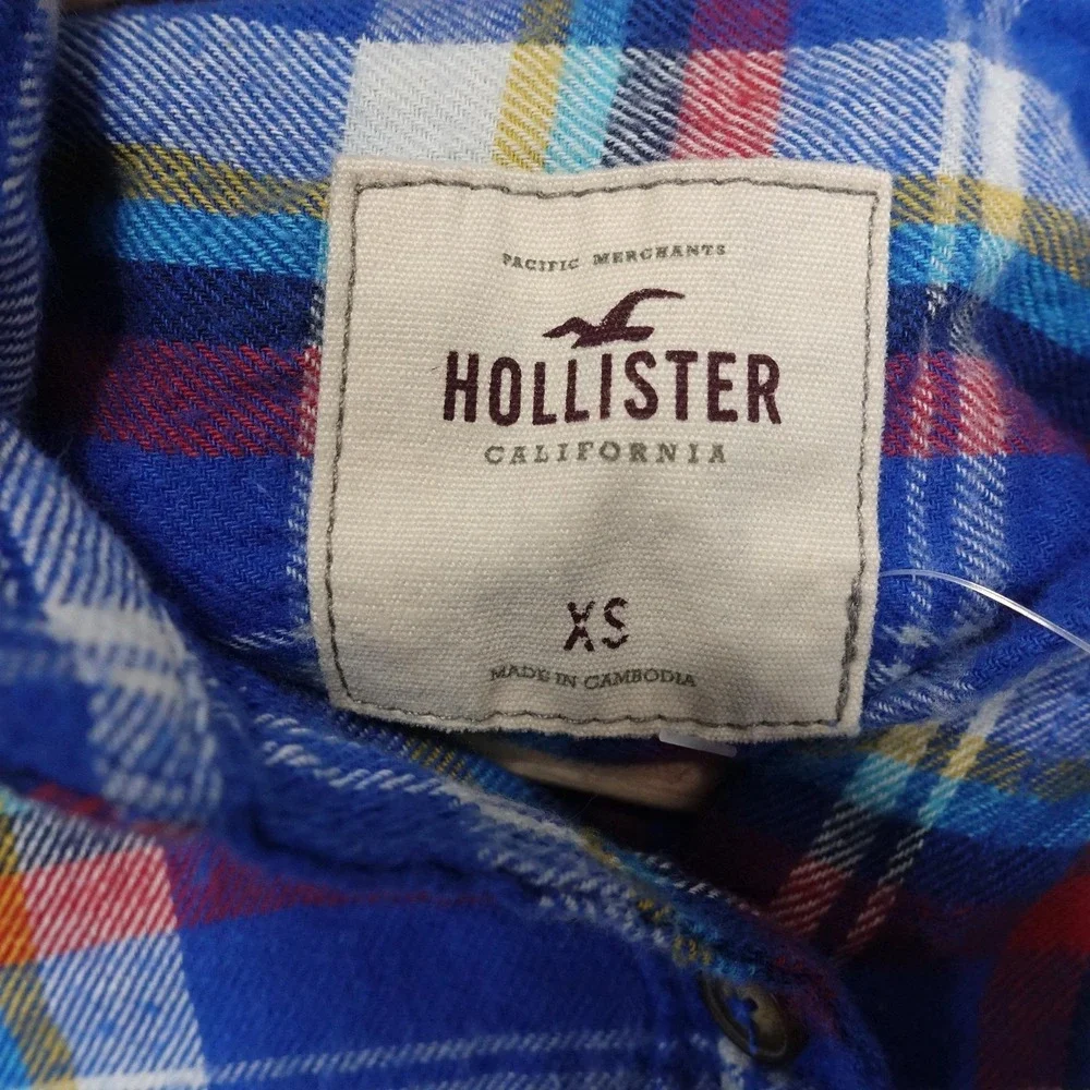 New! Hollister Button-Up Womens XS Blue‎ Plaid Flannel Long Sleeve Shirt Top